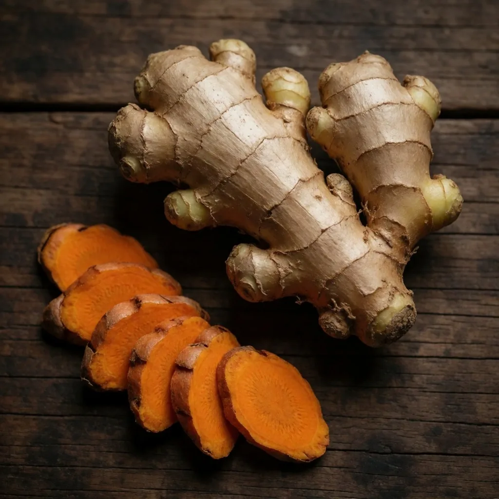 Fresh Indonesian ginger root and turmeric on weathered wood