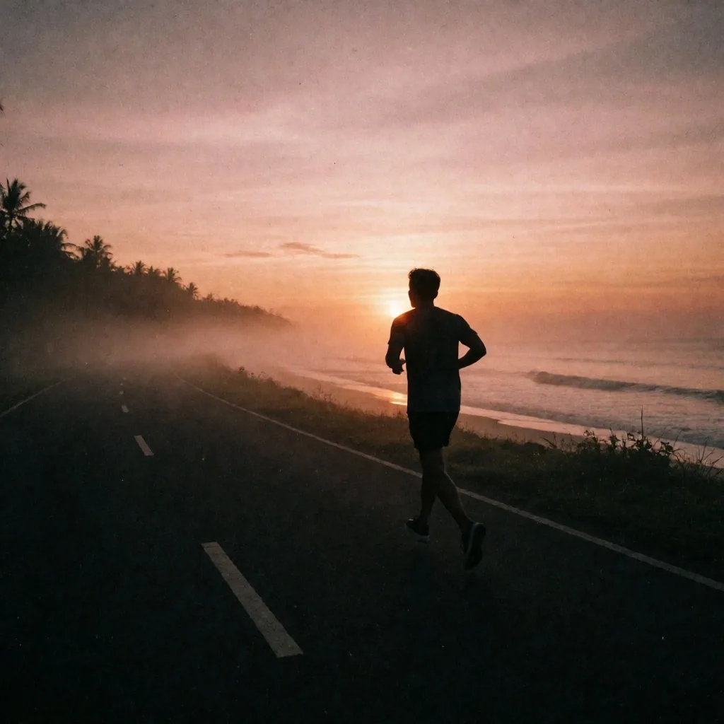 Silhouette of a man running at dawn on a coastal road