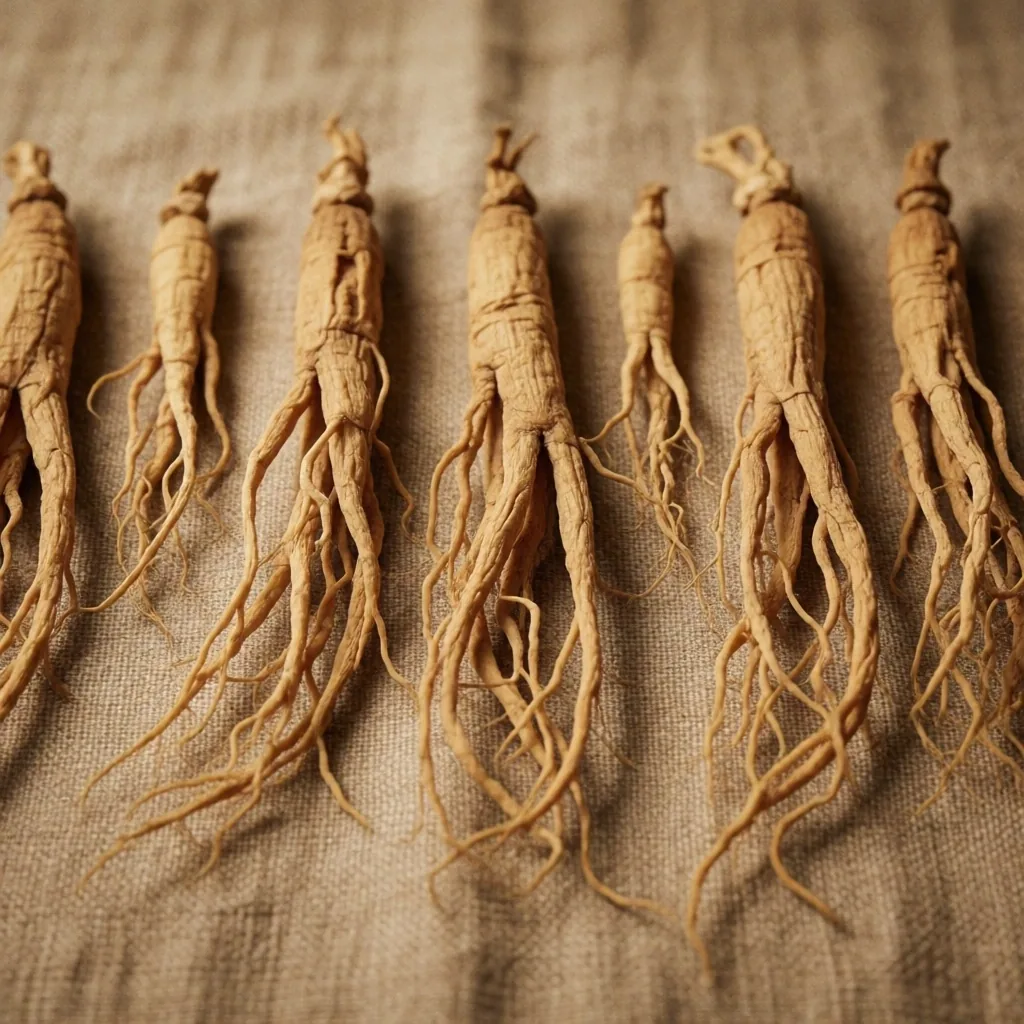 Dried ginseng root specimens on linen